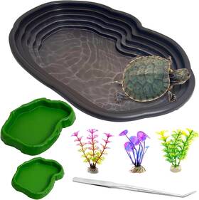 Ka076-a Apatal Reptile Bathing Pool 2-in-1 Tortoise Water Dish With Ramp Extra Large Black