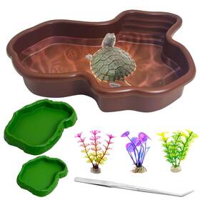 Ka076-b Apatal 7 Pcs Reptile Bathing Pool 2-in-1 Tortoise Water Dish With Ramp Brown