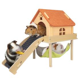 Bspj06-orange Besnew 3 In 1 Enlarged Guinea Pig Hammock Wooden Hideout With House And Pla