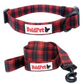 Boldpet 850064635287 Christmas Dog Collar And Leash Set -premium Polyester Material -red Plaid Hol