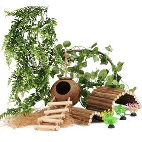 S-bd-1 Cosoc Crested Gecko Tank Accessories Reptile Vines Plants With Coconut Shell Ladder