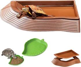 Wgsp0102 Duoyuzhiyu 3pcs Tortoise Water Bowls With Ramp Leaf Food Dish Large Brown