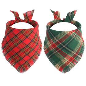 Gofshy 784196420186 Christmas Dog Bandanas 2pcs-small Red Green Plaid Scarf With Tassels Edges Re