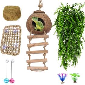 M2990 Hercocci Crested Gecko Tank Accessories Reptile Vines And Plants Coconut Shell Hut Ha