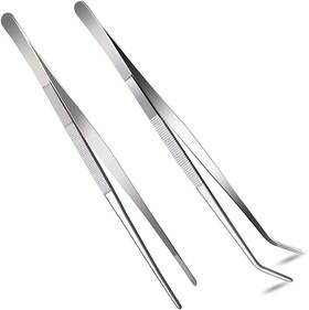 Hstech 750139206278 2 Pcs 12 Inch Long Handle Stainless Steel Straight And Curved Tweezers Silver