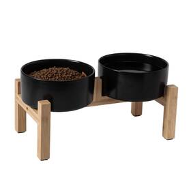 Bdb03w-b2 Kimautrm 5 Inch Raised Dog Food Double Bowl With Wood Stand Anti-slip Silicone Bottom Dish