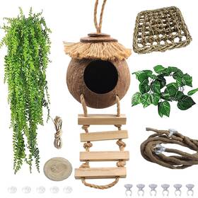 Muyg Bqn077-cap Gecko Coconut Hideout With Ladder Reptile Hammock Plants Vines Brown