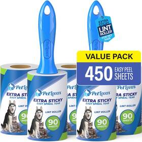 Petlovers 868928000430 Extra Sticky Lint Roller Mega Value Set 450 Sheets For Pet Hair Rem