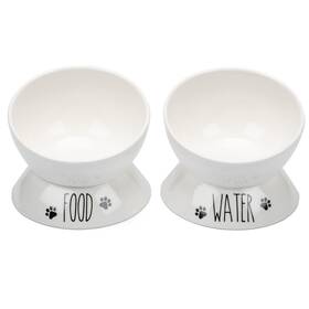 Prefurred Pet 060913900106 Elevated Cat Food Bowl Set - Two Porcelain Raised Bowls Wide Tilted