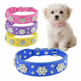 Uvonokay 699606128284 Rhinestone Flower Dog Collar Bling Crystal Diamond Sparkling Pu Leather Coll