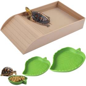 220815a-zptz1-2 Xdonef 3pcs Tortoise Food Dish With Ramp And Basking Platform Leaf Water Fo