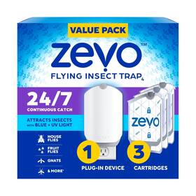 Zevo 731722344515 Flying Insect Trap And 3 Refill Cartridges - Plug In Fly Indoor Bug