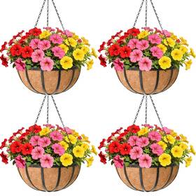 Zv-btdl-16-4 Zvowos 16 Inch Black Flat Iron Metal Hanging Planter Basket With Coco Coir Liner 4 P