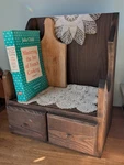 Vintage Wood Rustic Table Top Cookbook Stand With Recipe Drawers. Fixed Price $300.00.