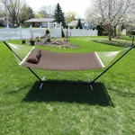 2-PERSON Quilted Fabric Hammock With Steel Stand Brown By Sunnydaze. Fixed Price $148.67.