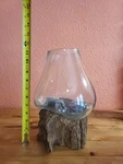 Large Molten Glass Sculptural Bowl Plant Terrarium On Natural Wood Base. Fixed Price $50.00.