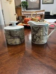 Fitz & Floyd Habitat Americana Old World Maps Omnibus Creamer And Sugar Bowl. Fixed Price $30.00.