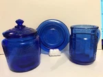 9 Pc, Cobalt Glass "jennifer" Minis. By Mosser, & Reproduction Peacock PITCHER+4. Fixed Price $32.01.