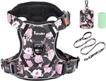 Petmolico No Pull Dog Harness Set Black With Pink Roses, Leash, Poop Bag Holder. Fixed Price $6.35.