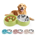 Pets Double Slow Feeder Bowls, Cats & Dogs Food Water Stainless Steel .... Fixed Price $10.01.