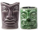 2 Tropical Island Tiki Citronella Candles Crackle Purple-gray & Green Stoneware. Fixed Price $19.99.